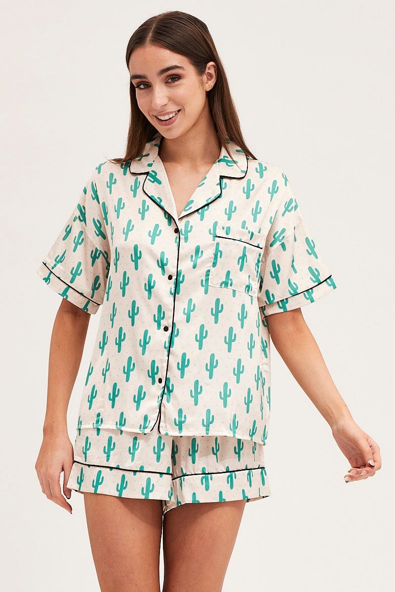 Print Short Sleeve Top & Shorts Satin Pj Set