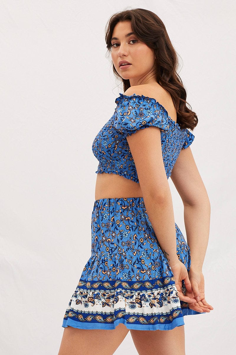 Boho Print Square Neck Puff Sleeve Shirred Crop Top