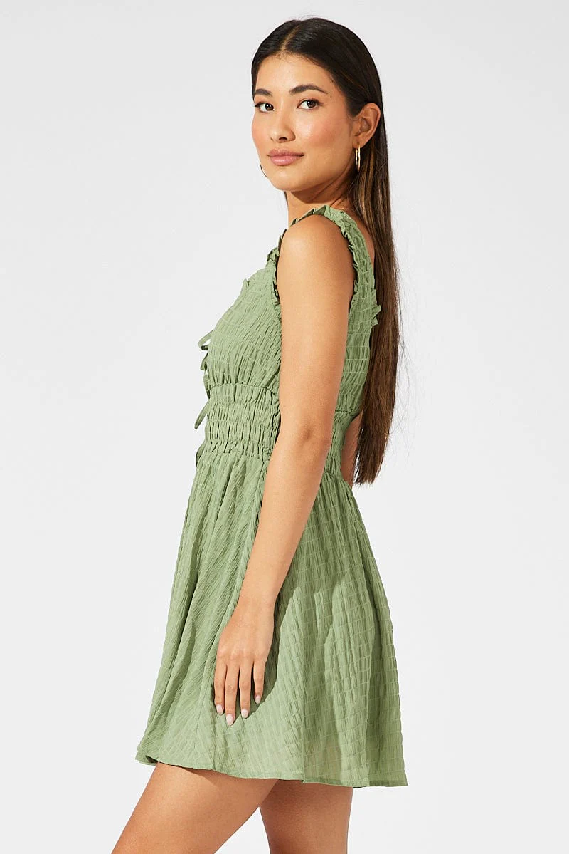 Green Fit and Flare Dress Sleeveless Shirred Waist