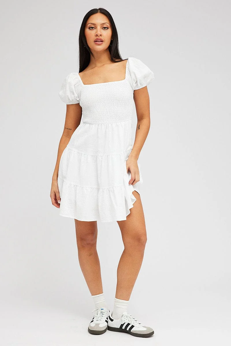 White Fit and Flare Dress Short Sleeve Shirred