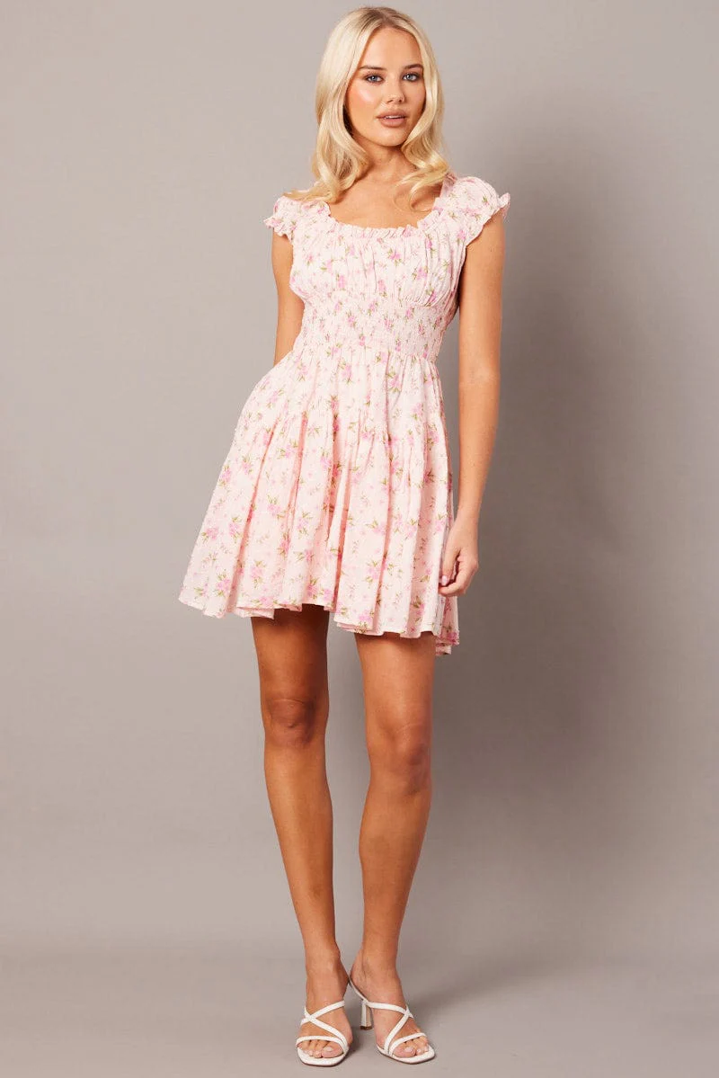 Pink Floral Fit And Flare Dress Puff Sleeve