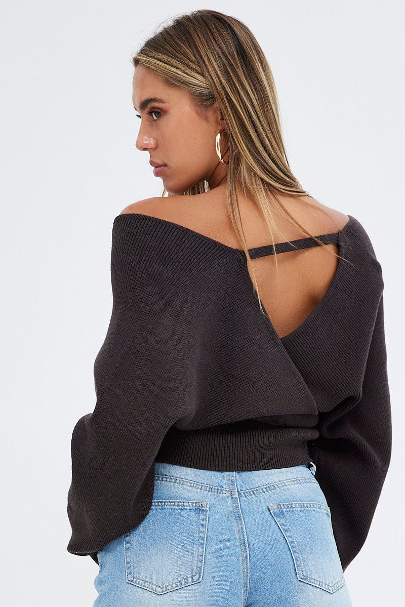 Brown Knit Top Long Sleeve Cross Over