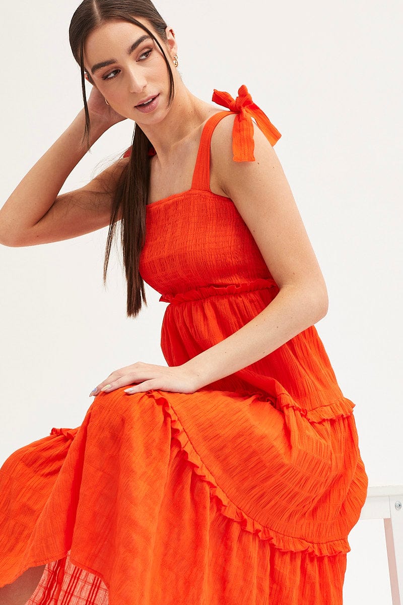 Orange Midi Dress Sleeveless Shirred Texture Cotton