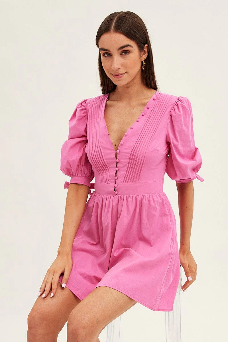 Pink Button Dress Puff Sleeve V Neck Cotton