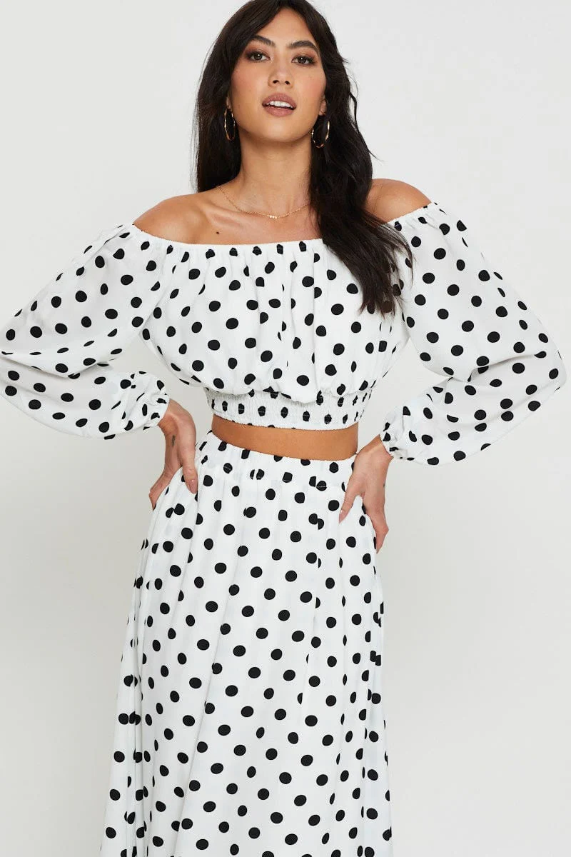 Polka Dot Crop Top Long Sleeve Off Shoulder