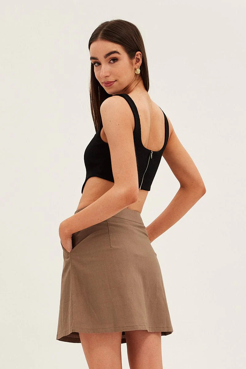 Brown Linen Blend Button Front Mini Skirt