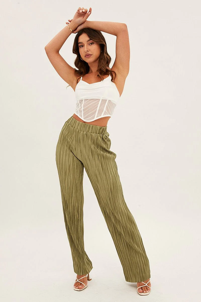 Green Plisse Pants Wide Leg
