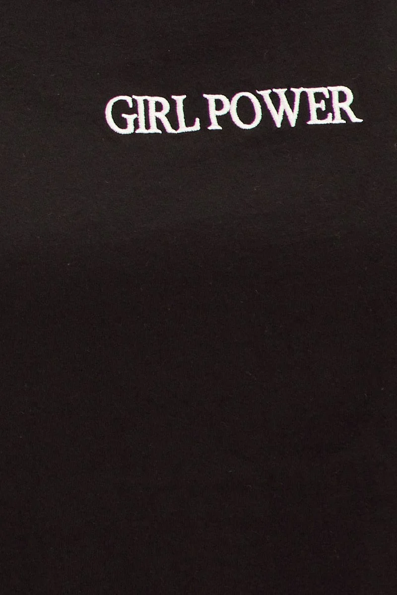 Black Embroidered Slogan Girl Power T-Shirt