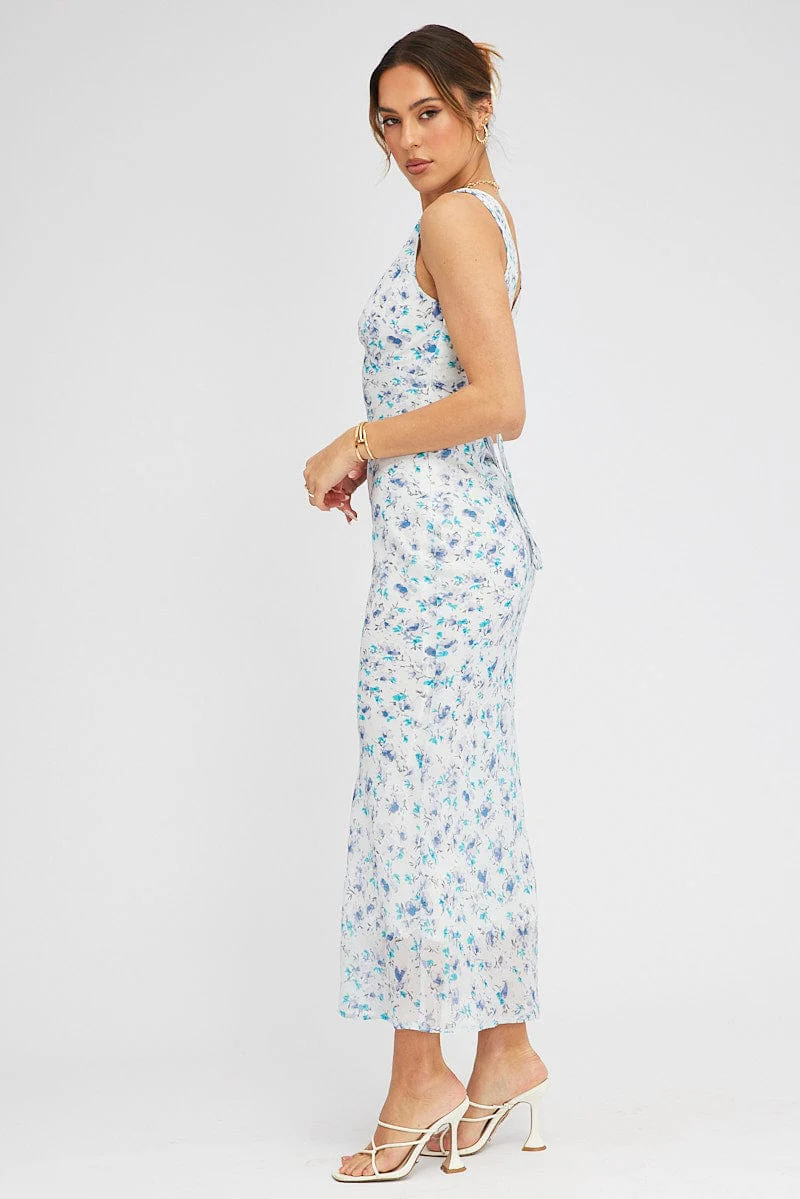 Blue Floral Midi Dress Bias Cutting