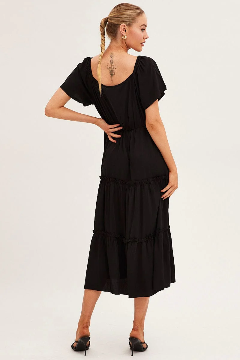 Black Button Short Sleeve Maxi Dress