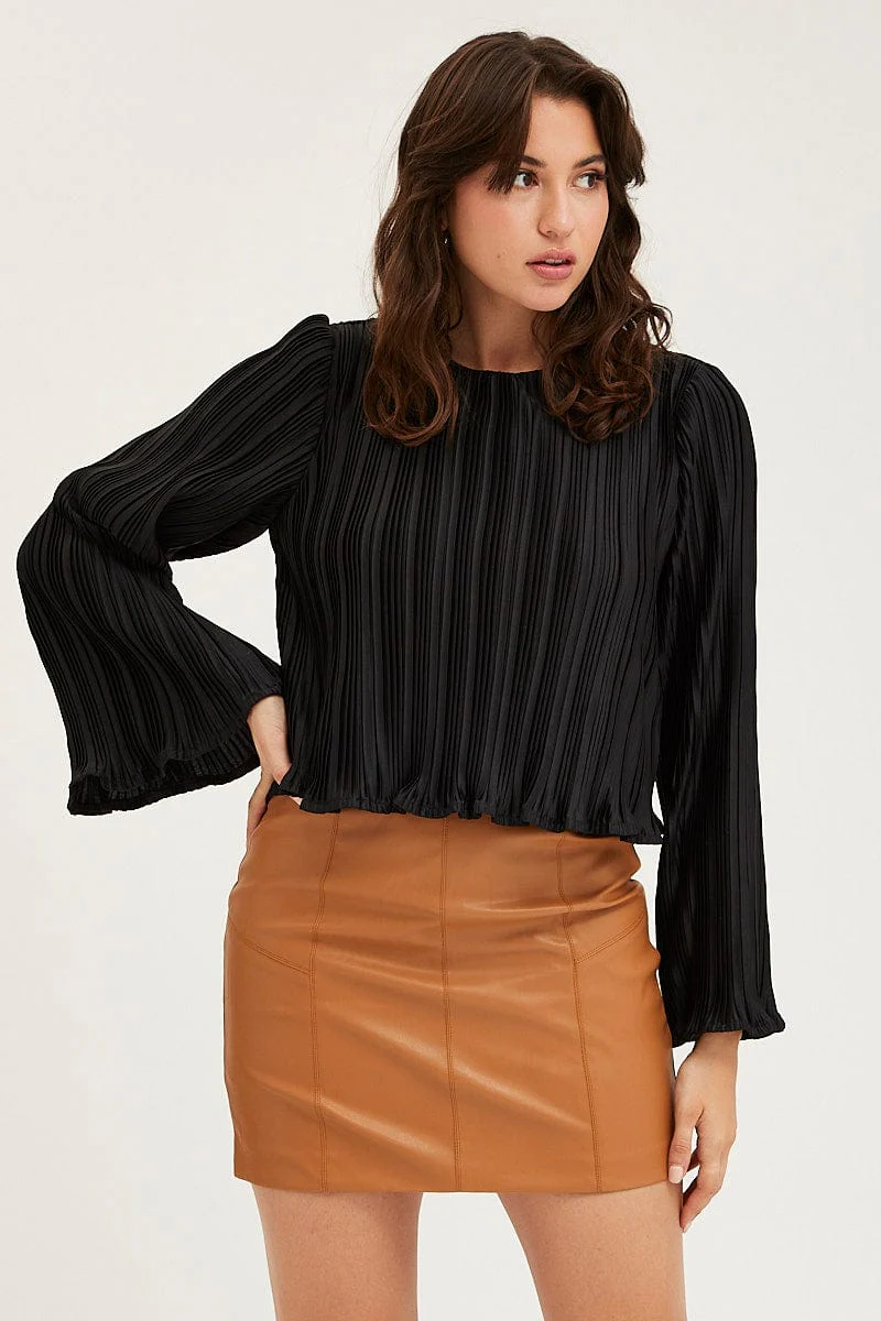 Black Plisse Top Long Sleeve