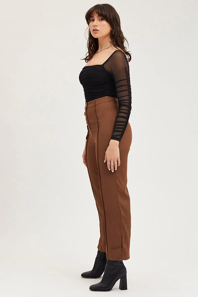 Brown Wide Leg Pants High Rise