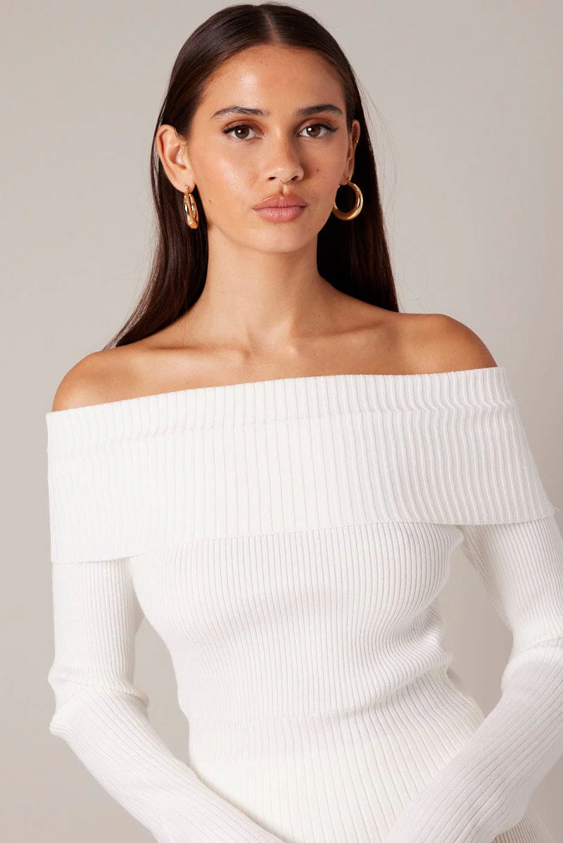White Knit Top Long Sleeve Off Shoulder