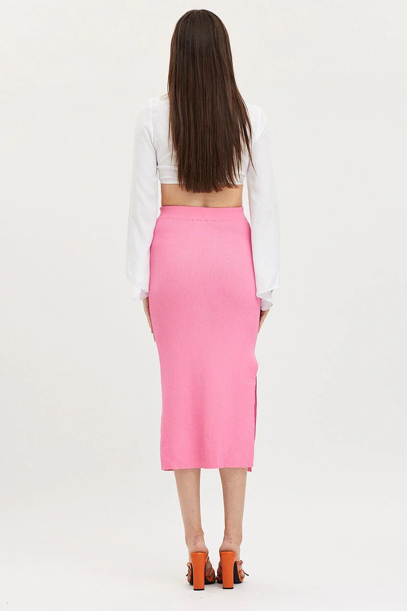 Pink Knit Skirt Midi Side Split