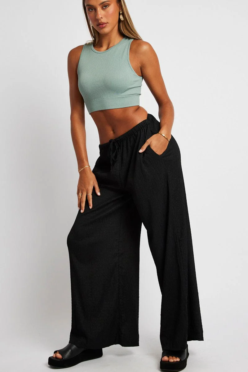 Black Wide Leg Pants High Rise Textured Fabric
