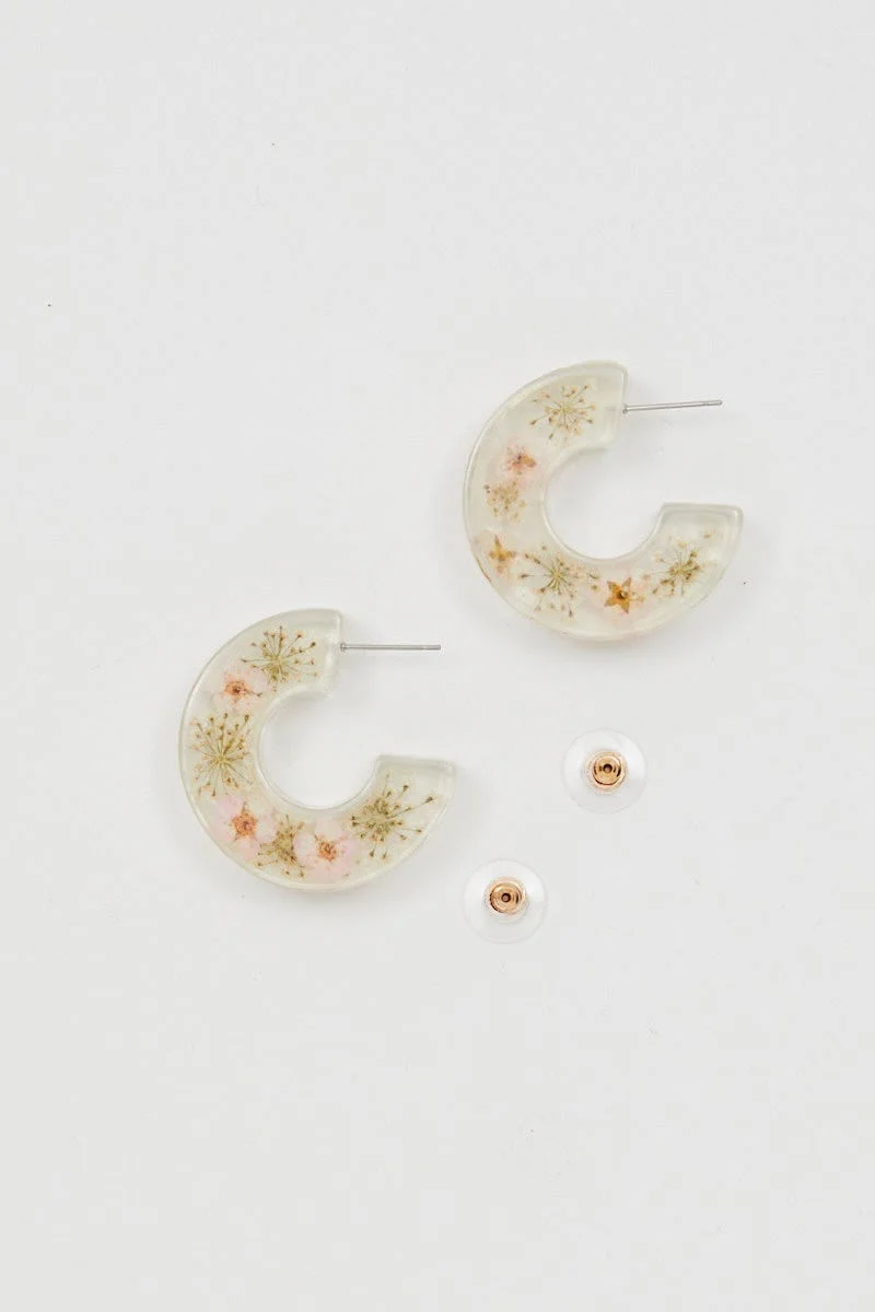 Print Trapped Flower Clear Plastic Hoop Earrings
