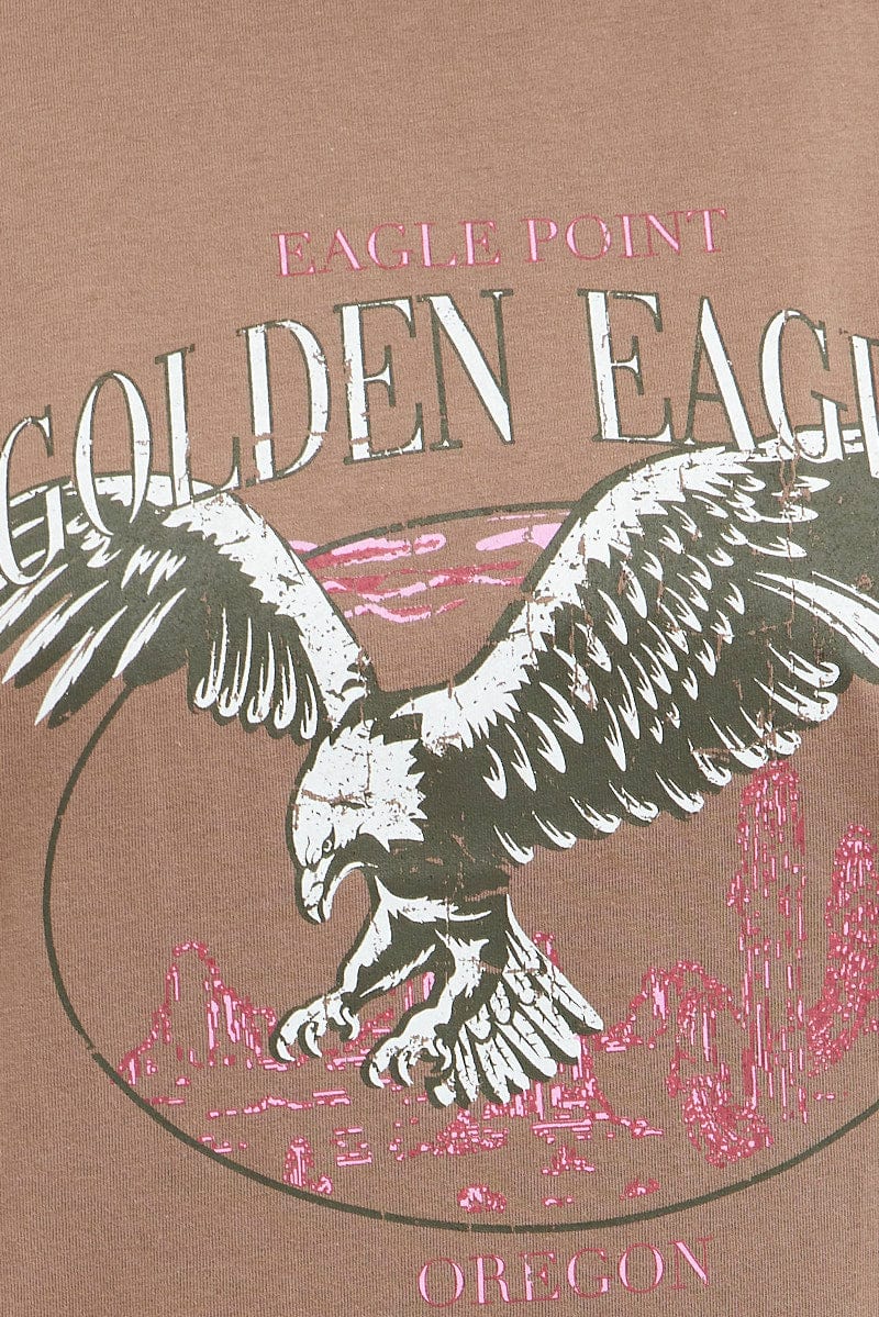 Brown T Shirt Short Sleeve Crew Neck Oversized Eagle