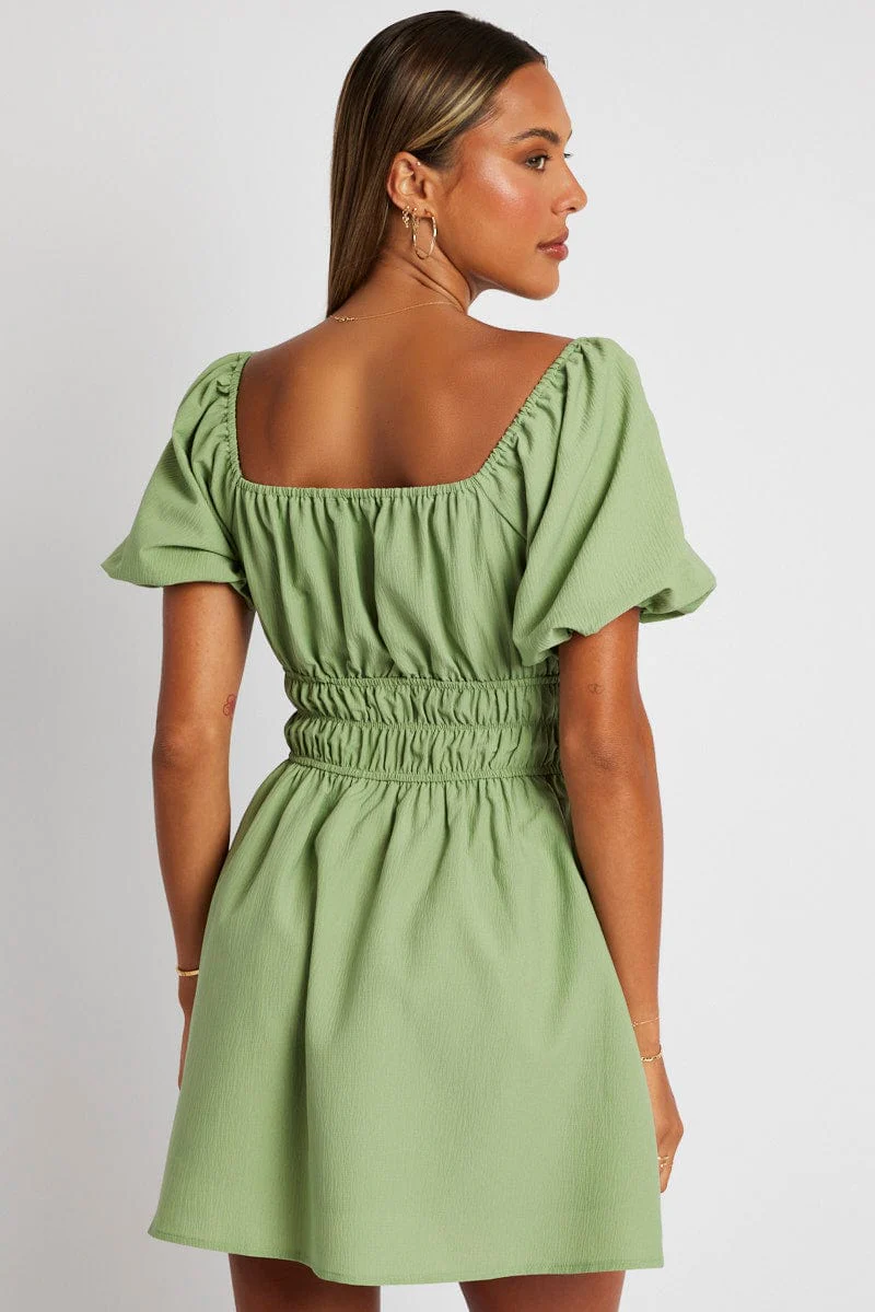Green Fit And Flare Dress Puff Sleeve Mini