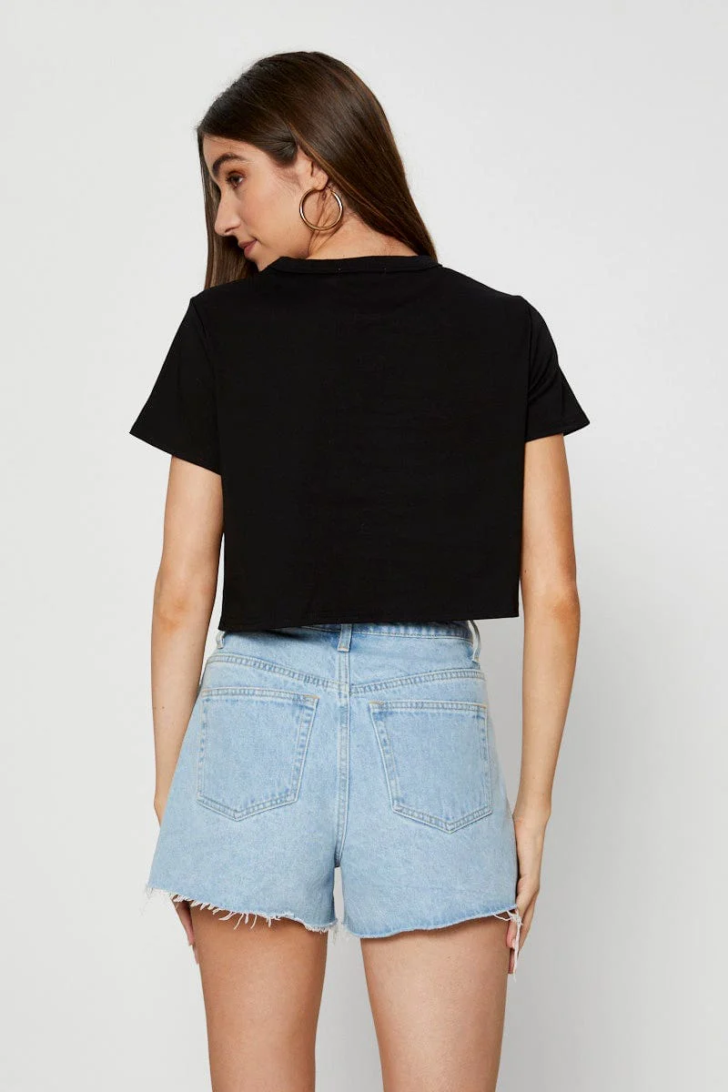 Black T Shirt Short Sleeve Crop Crew Neck Cotton