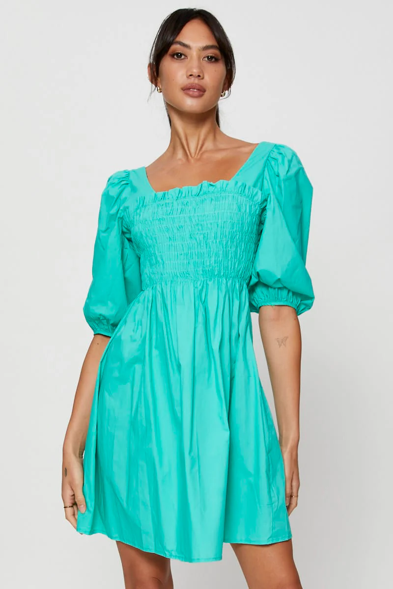 Green Mini Dress Short Sleeve Evening
