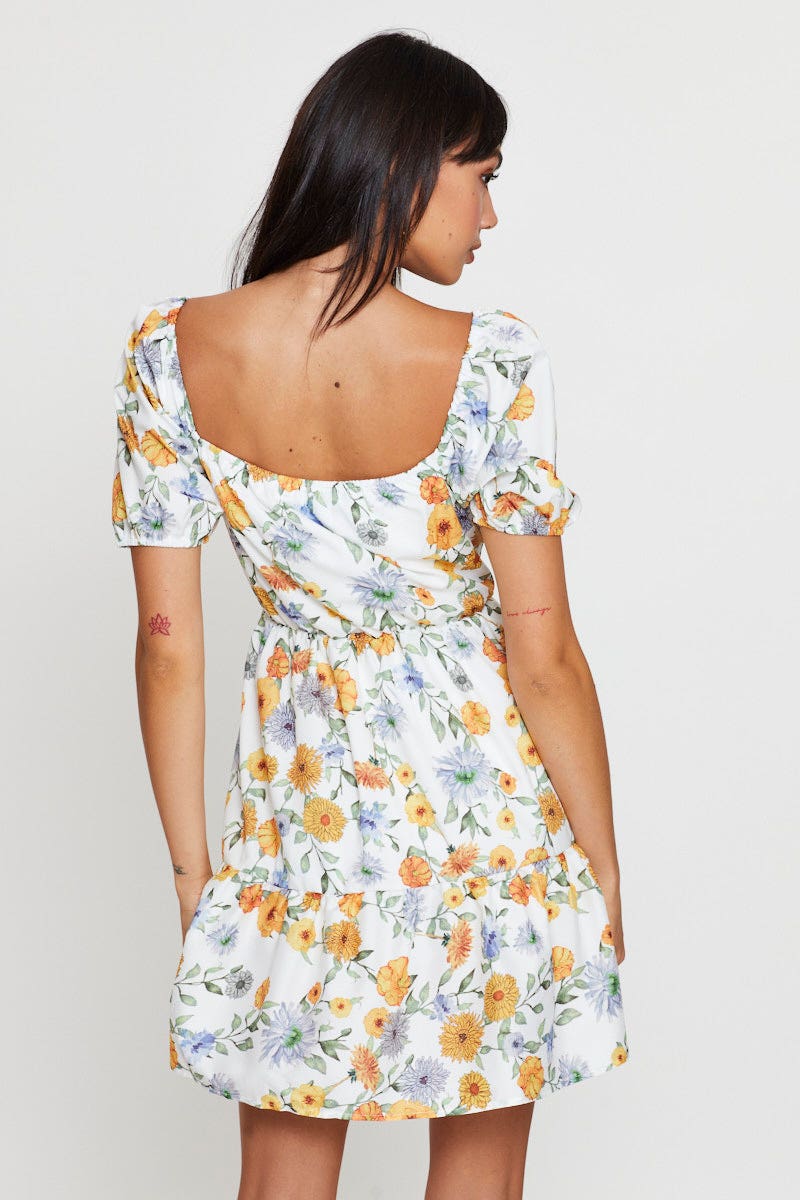 Print Fit And Flare Dress Short Sleeve Square Neck
