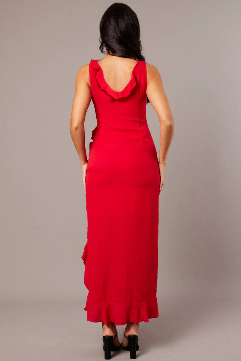 Red Ruffle Dress Wrap Midi Chiffon