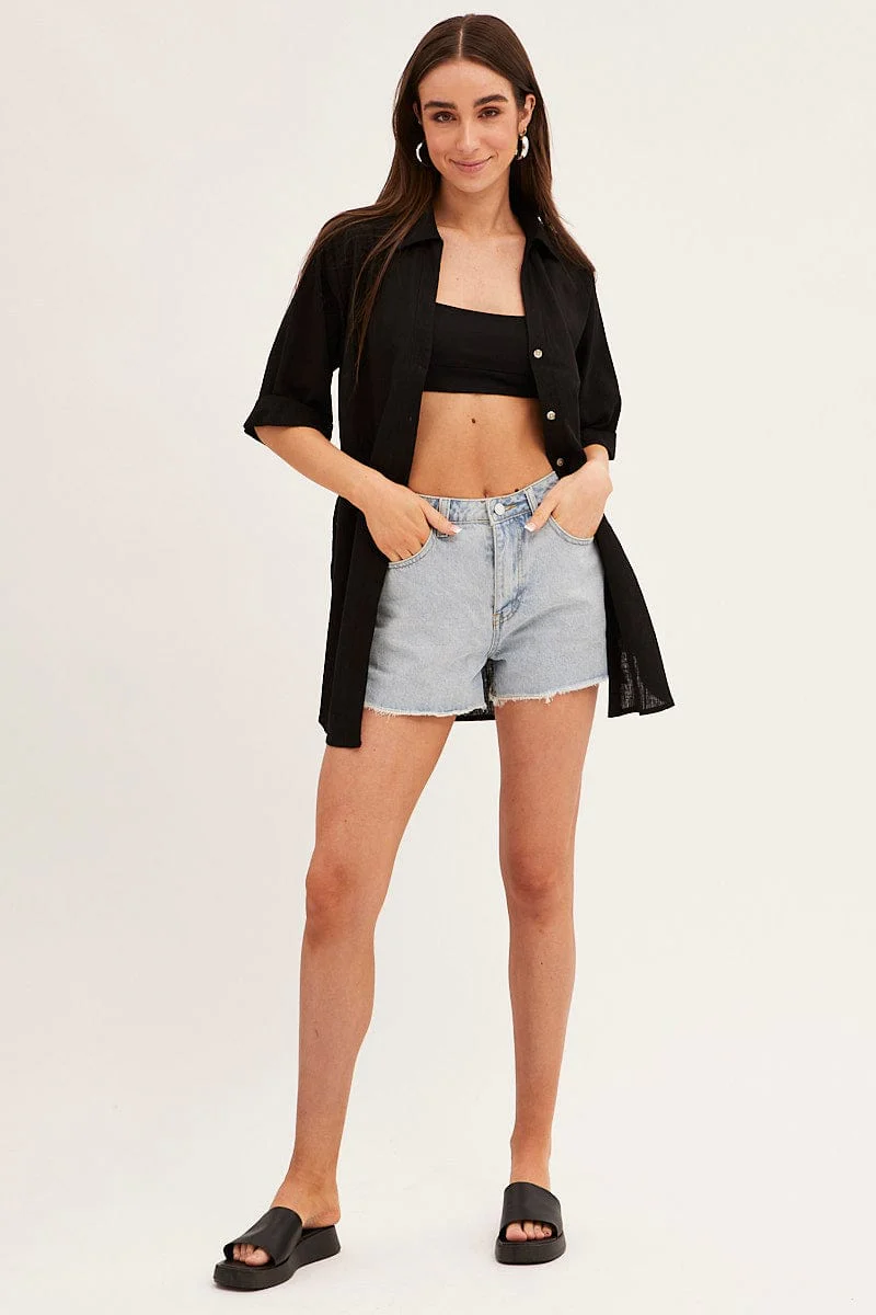 Black Long Line Roll Sleeve Collared Button Front Shirt