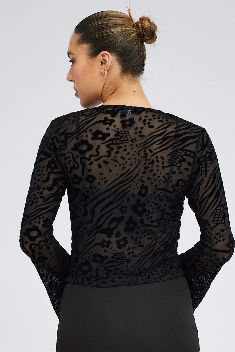 Black Top Long Sleeve Tie front Burnout