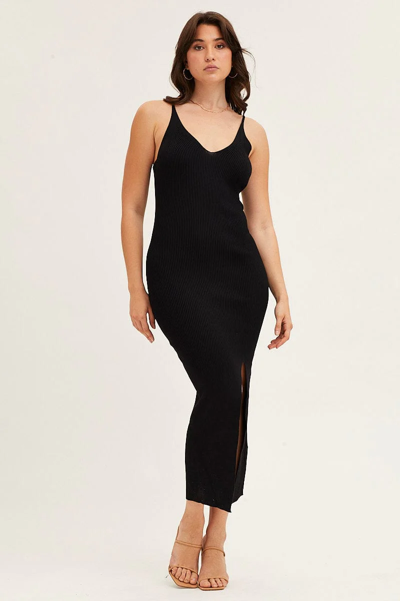 Black V Neck Kint Midi Dress
