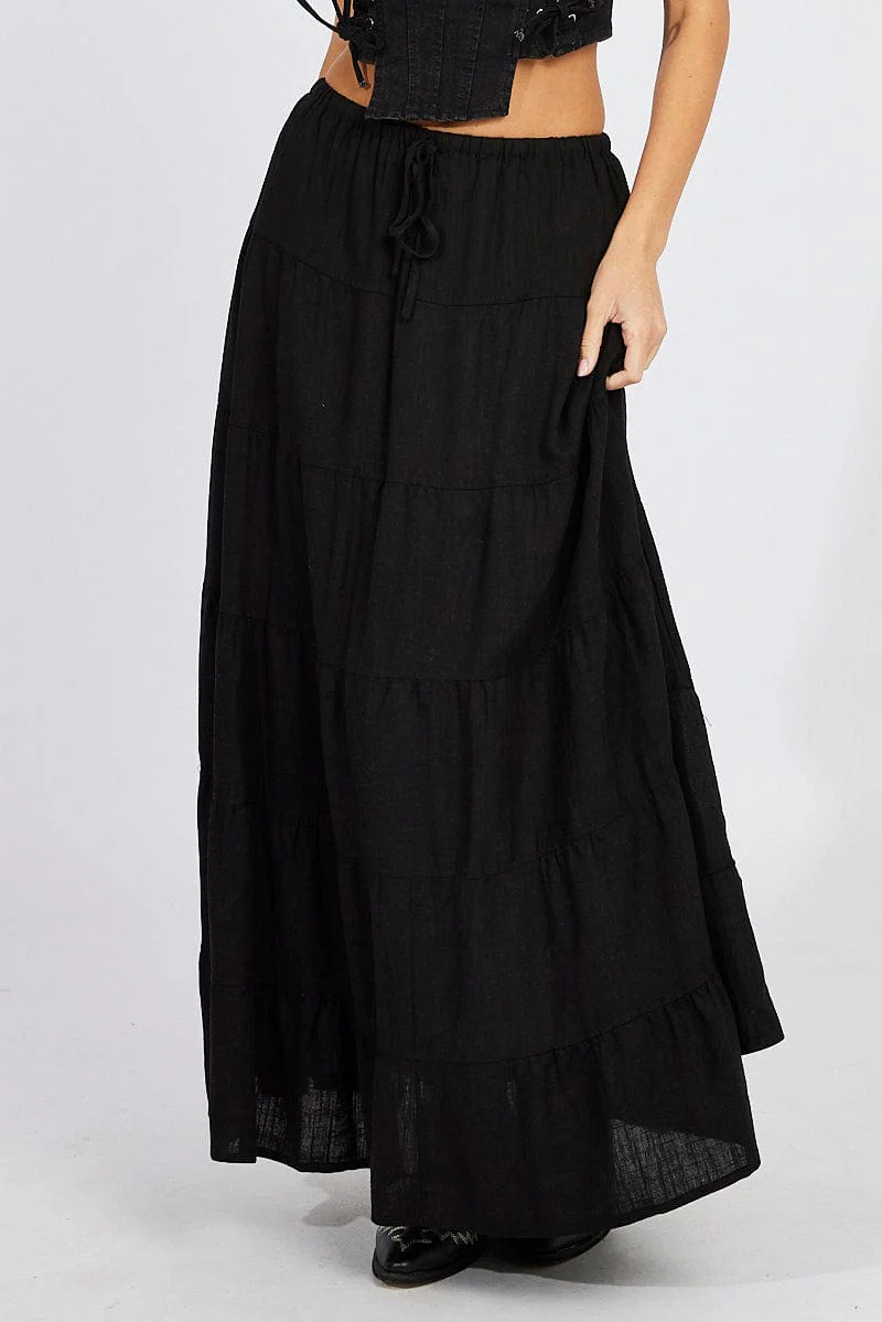 Black Maxi Skirt Tiered High Rise Linen Blend