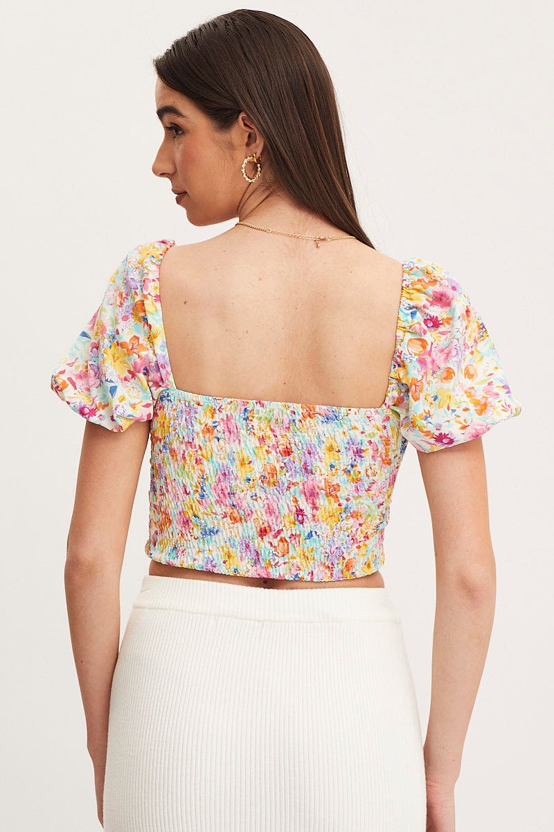 Print Puff Sleeve Top Short Sleeve Crop