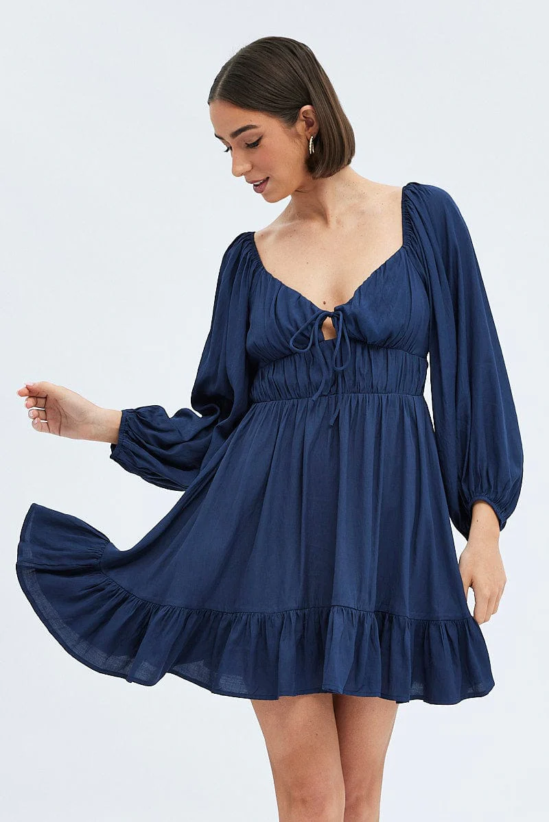 Blue Fit and Flare Dress Long Sleeve  Cut Out