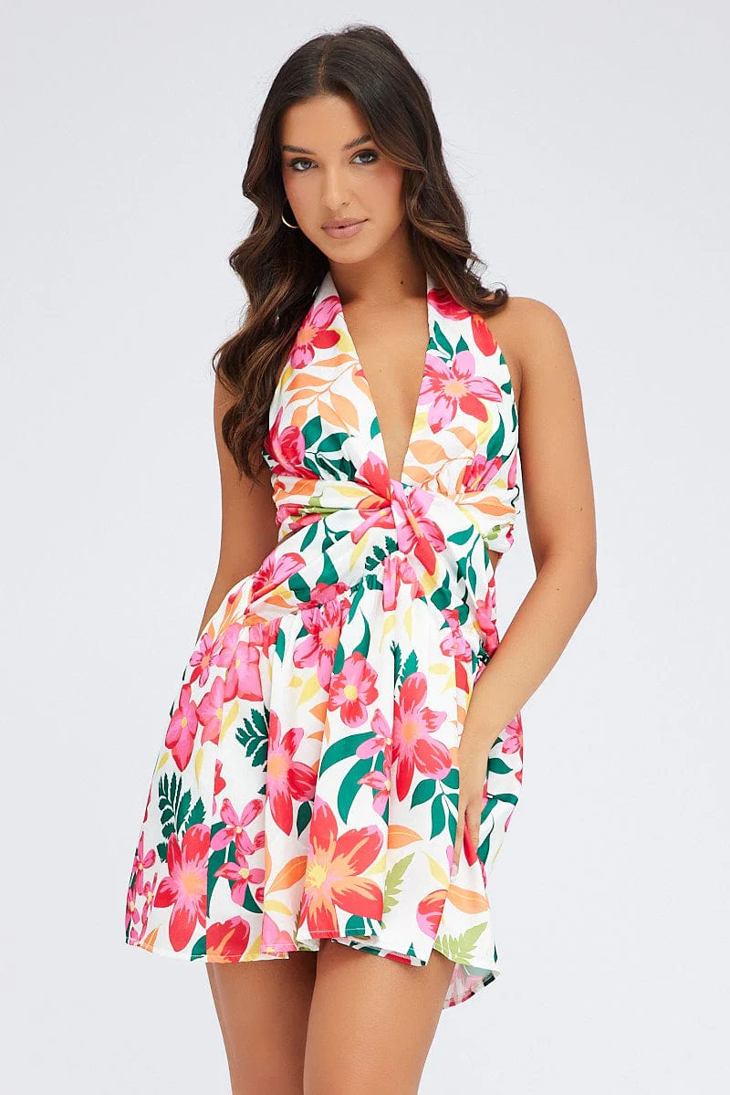 Multi Floral Halter Dress Gathered Cut Out Tie Back