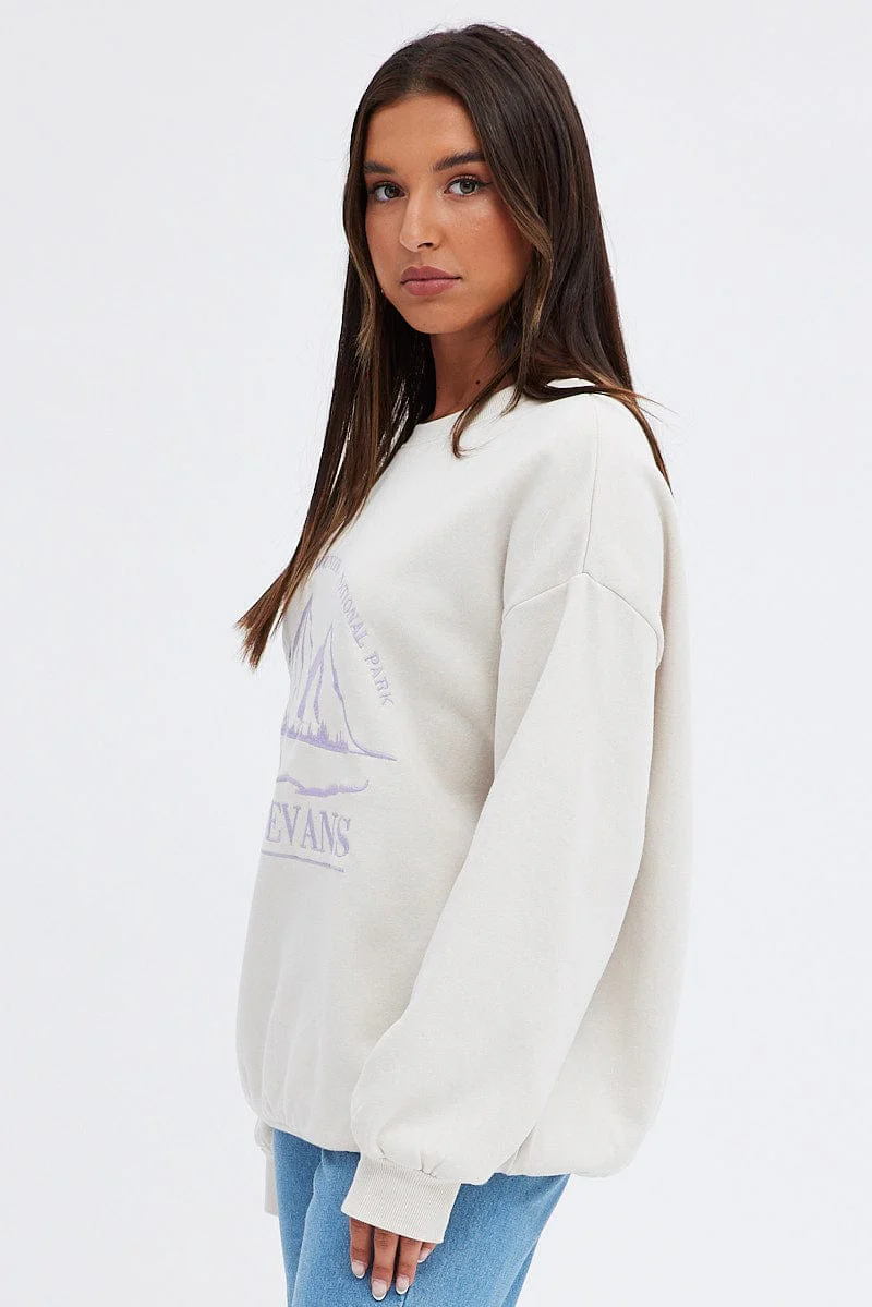 Beige Sweater Sky Mountain- Embroidery Long Sleeve