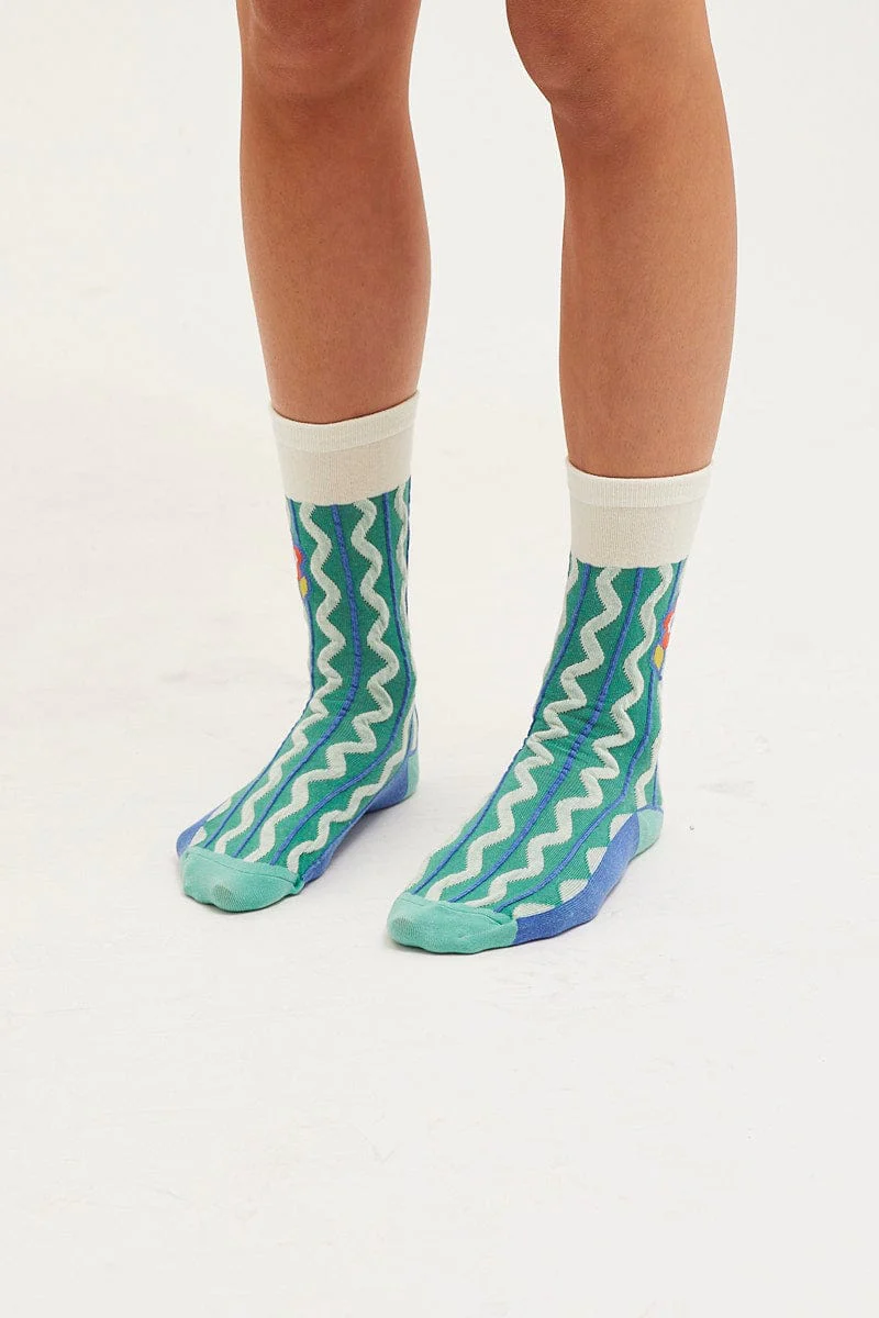 Green Wave And Flower Socks