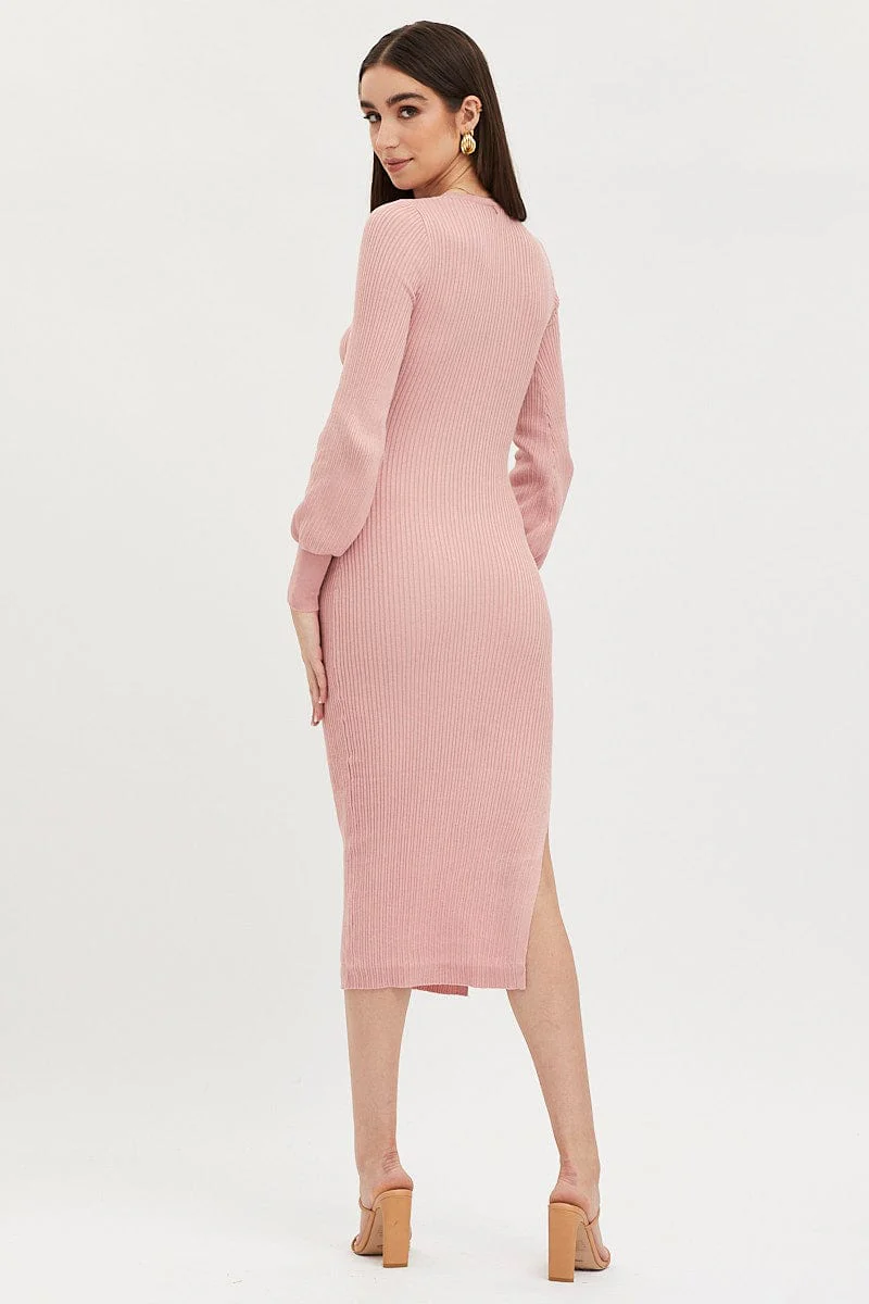 Pink Knit Dress Evening Midi