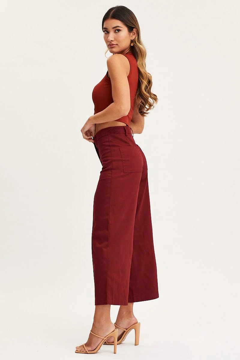 Red Cropped Pants Wide Leg High Waist