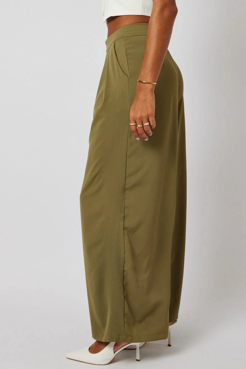 Green Wide Leg Pants High Rise