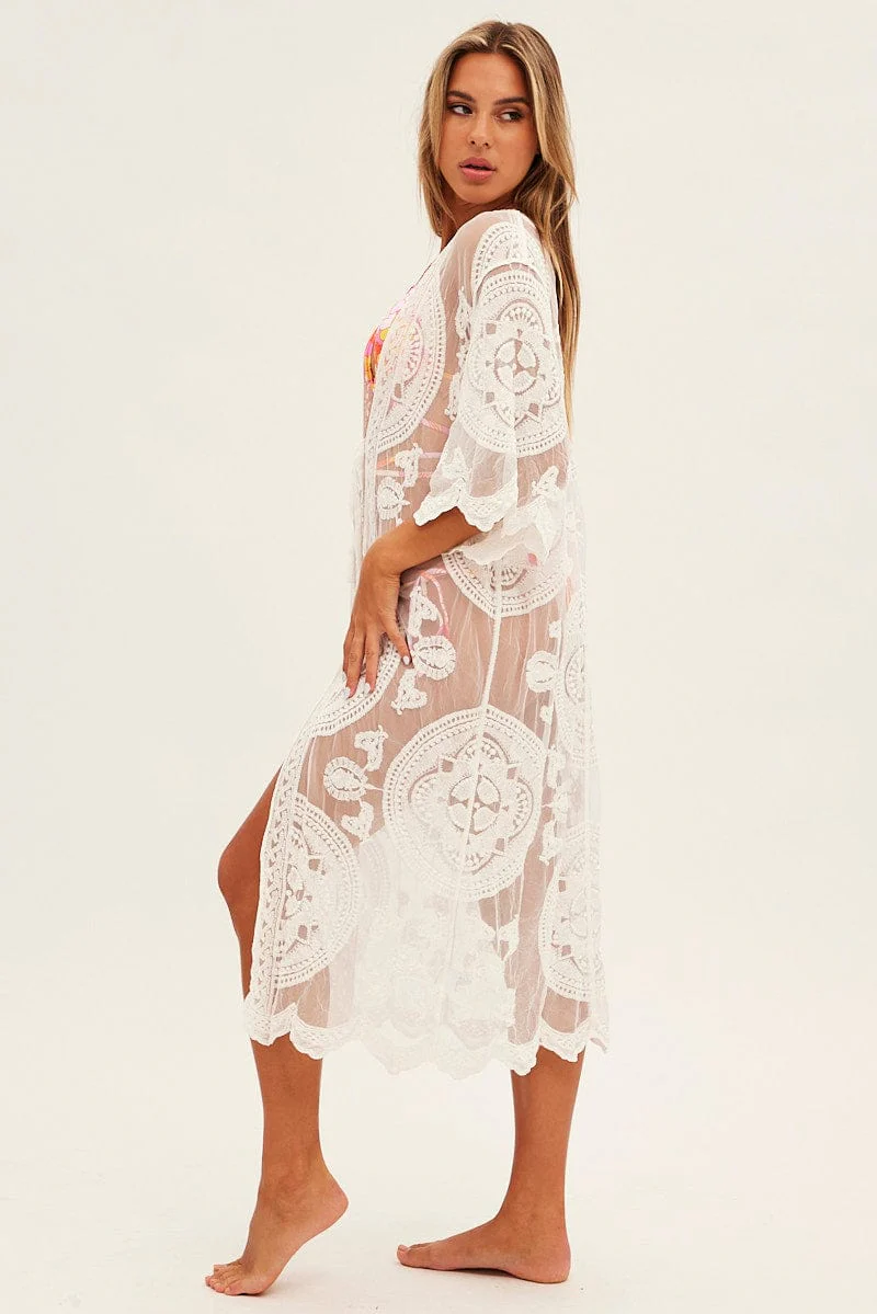 White Lace Kimono Half Sleeve Tie Front Longline