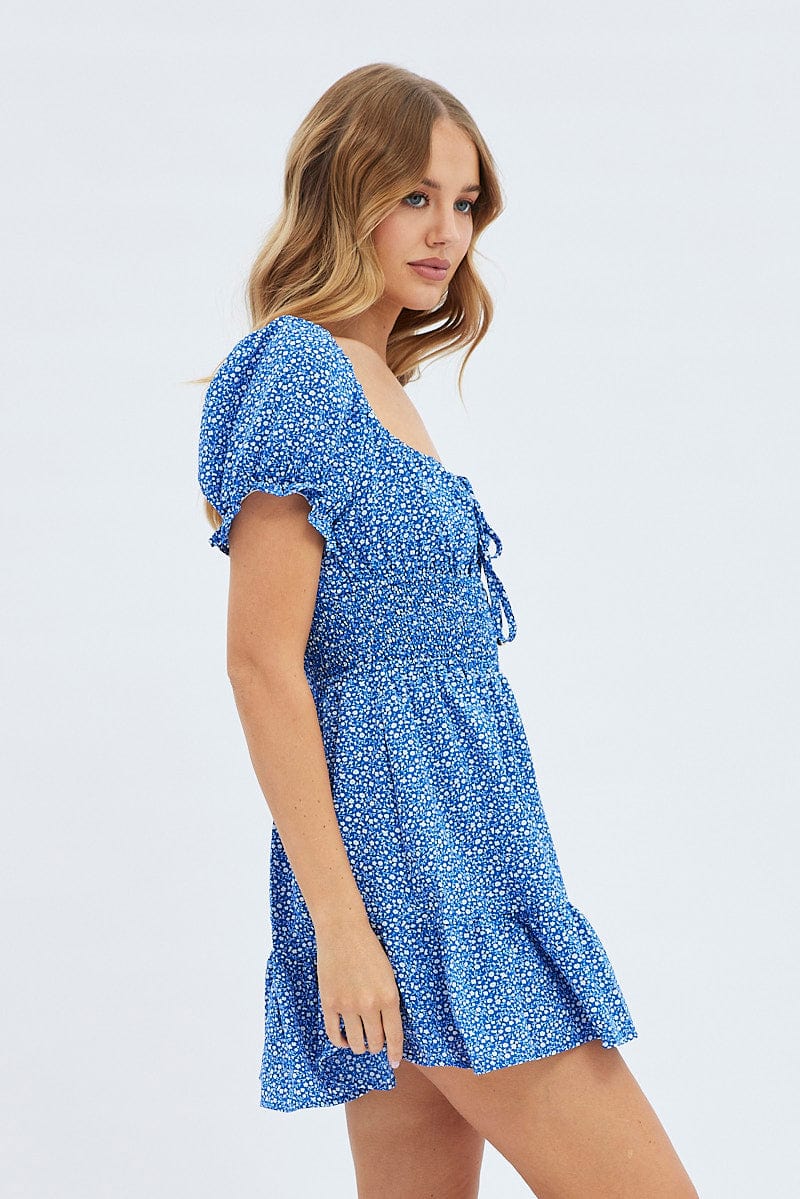 Blue Floral Fit And Flare Dress Short Sleeve Mini