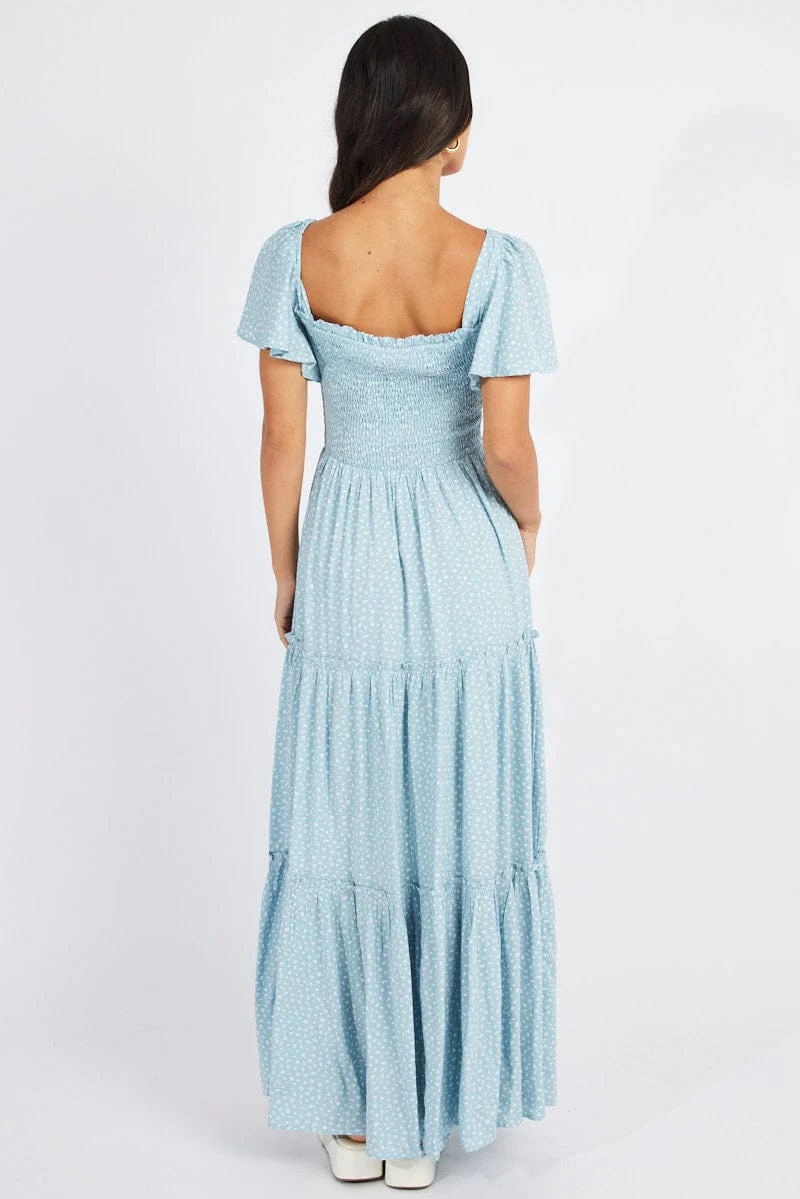 Blue Ditsy Maxi Dress Short Sleeve Shirred