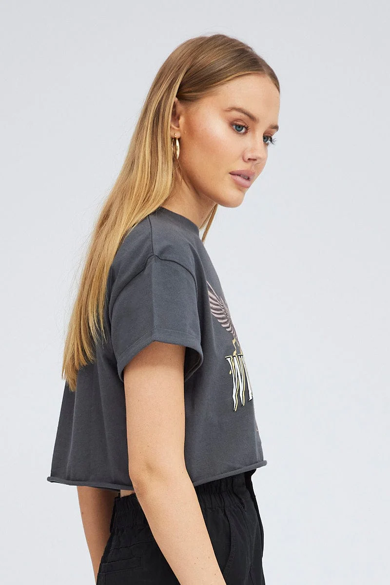 Grey Graphic Eagle Mountains Crop Oversized Tee T-shirt