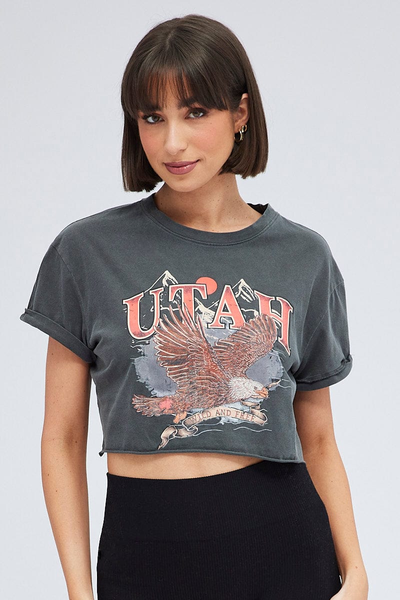 Grey Crop Tee Short Sleeve Graphic Print