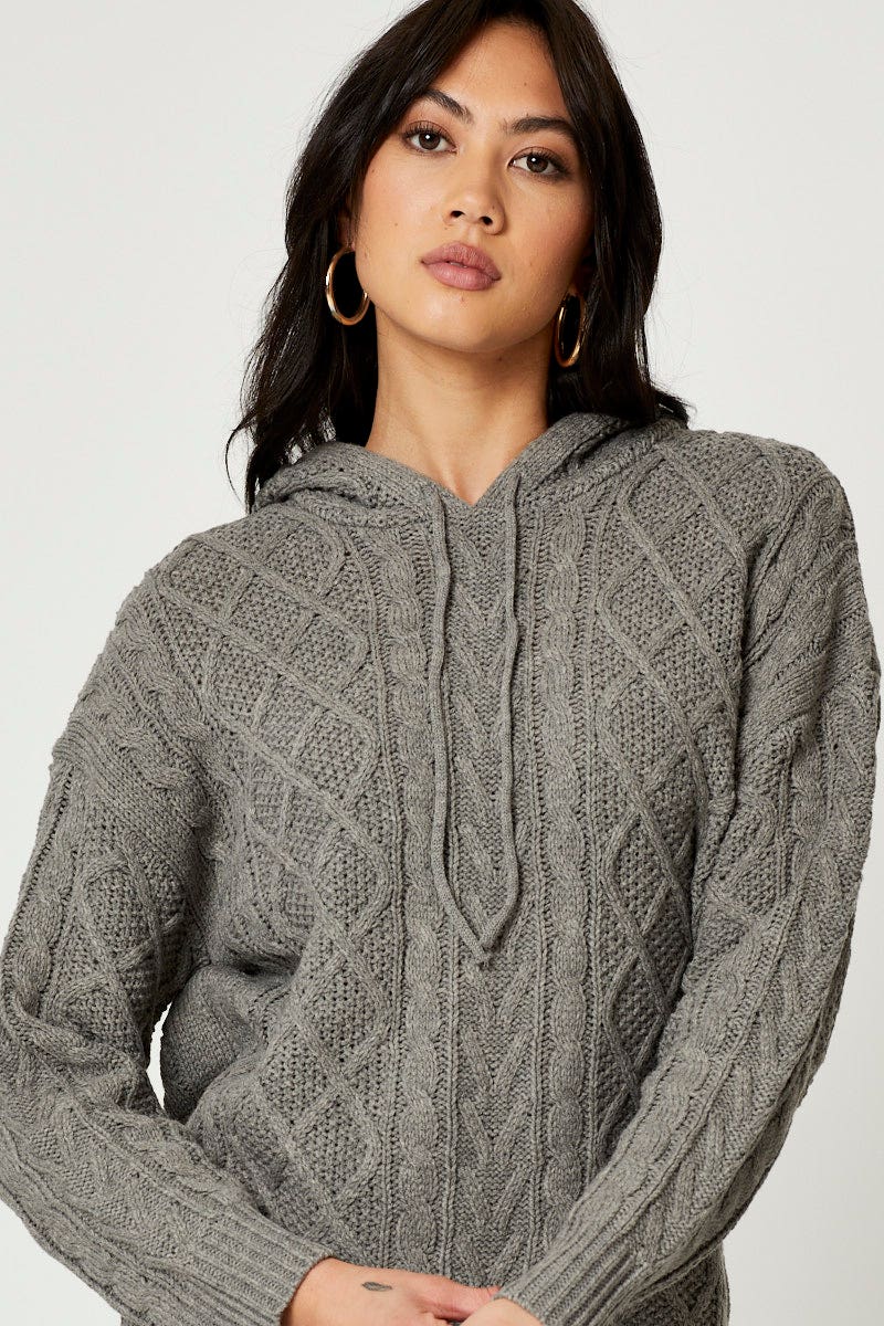 Grey Long Sleeve Cabled Hoodie Knit Top