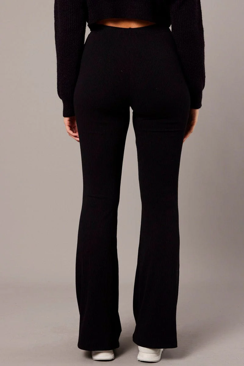 Black Flare Leg Pants Rib