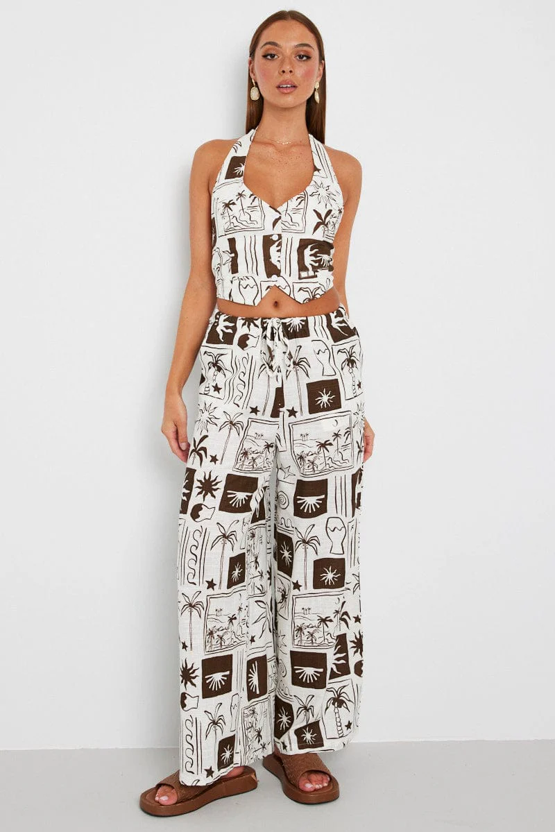 Brown Abstract Wide Leg Pants High Rise