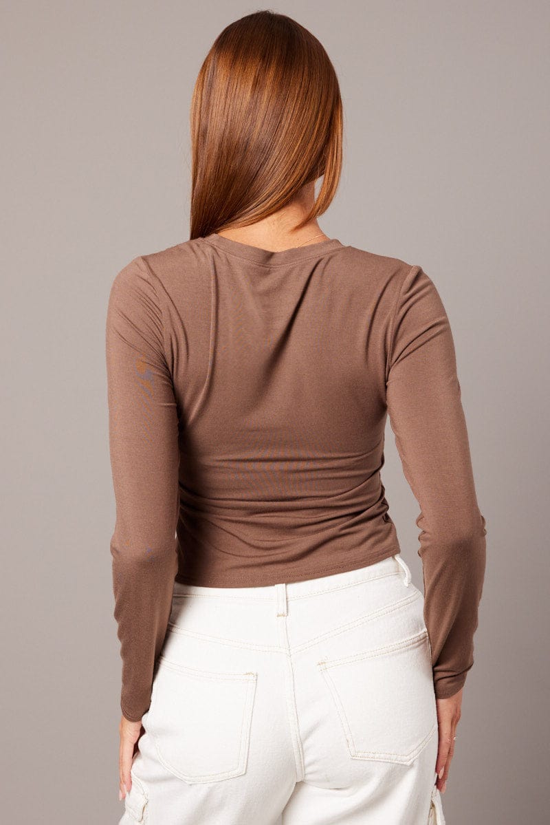 Brown Top Long Sleeve Crew Neck Modal