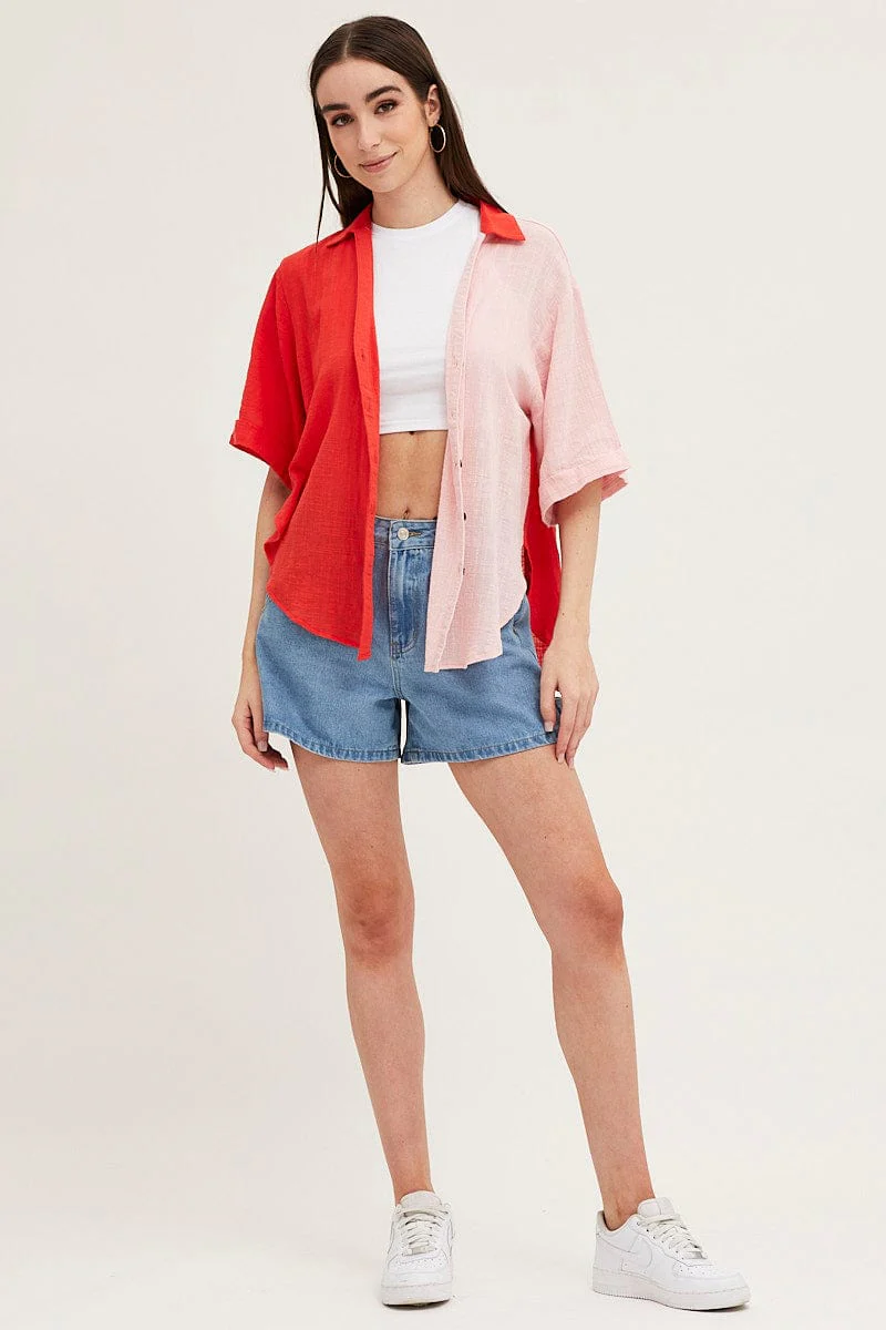 Pink Cotton Half Sleeve Relaxed Shirt