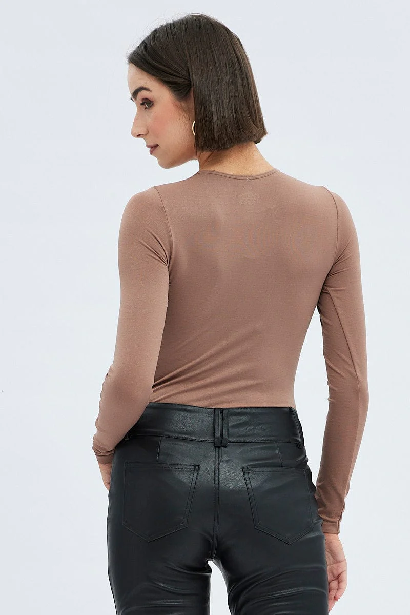 Brown Bodysuit Long Sleeve Crew Neck Seamless