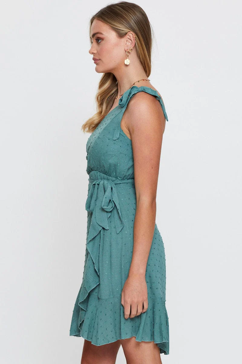 Green Wrap Dress One Shoulder Sleeveless
